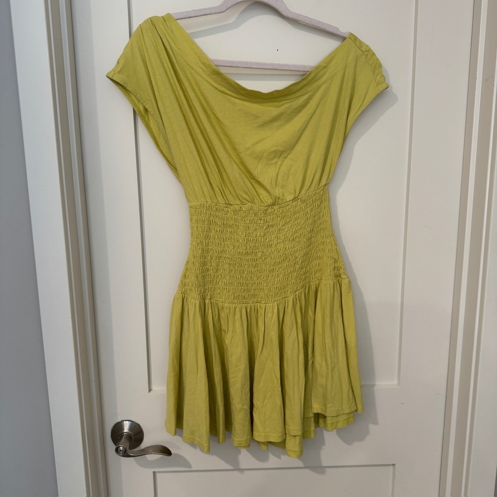 Free-est Free People Chartreuse Yellow Smocked Mini Dress S-P Boat Neck Boho